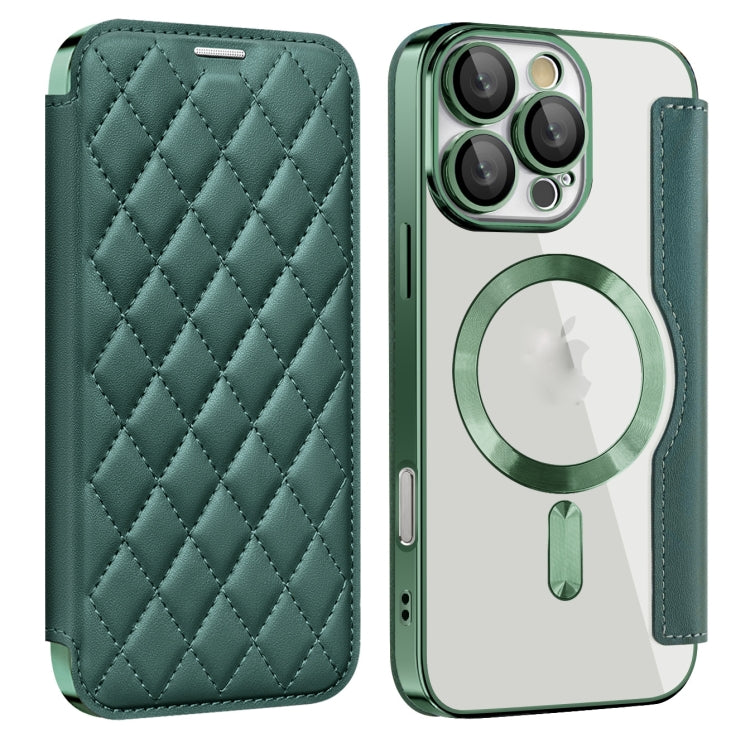 For iPhone 16 Pro Shield Magsafe RFID Anti-theft Rhombus Leather Phone Case(Green) - iPhone 16 Pro Cases by buy2fix | Online Shopping UK | buy2fix