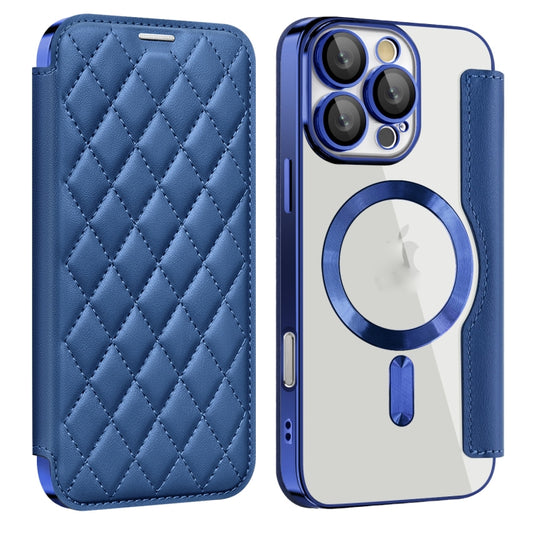 For iPhone 16 Pro Max Shield Magsafe RFID Anti-theft Rhombus Leather Phone Case(Dark Blue) - iPhone 16 Pro Max Cases by buy2fix | Online Shopping UK | buy2fix