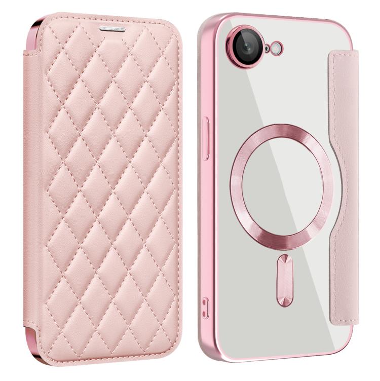 For iPhone 16e Shield Magsafe RFID Anti-theft Rhombus Leather Phone Case(Pink) - iPhone 16e Cases by buy2fix | Online Shopping UK | buy2fix