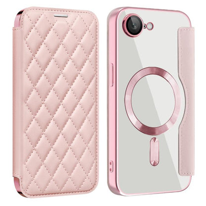 For iPhone 16e Shield Magsafe RFID Anti-theft Rhombus Leather Phone Case(Pink) - iPhone 16e Cases by buy2fix | Online Shopping UK | buy2fix