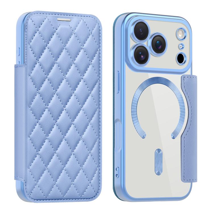 For iPhone 17 Pro Shield Magsafe RFID Anti-theft Rhombus Leather Phone Case(Blue) - iPhone 17 Pro Cases by buy2fix | Online Shopping UK | buy2fix