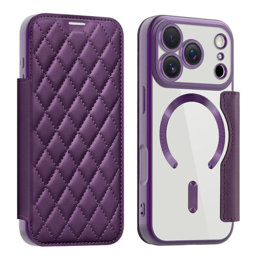 For iPhone 17 Pro Shield Magsafe RFID Anti-theft Rhombus Leather Phone Case(Purple) - iPhone 17 Pro Cases by buy2fix | Online Shopping UK | buy2fix