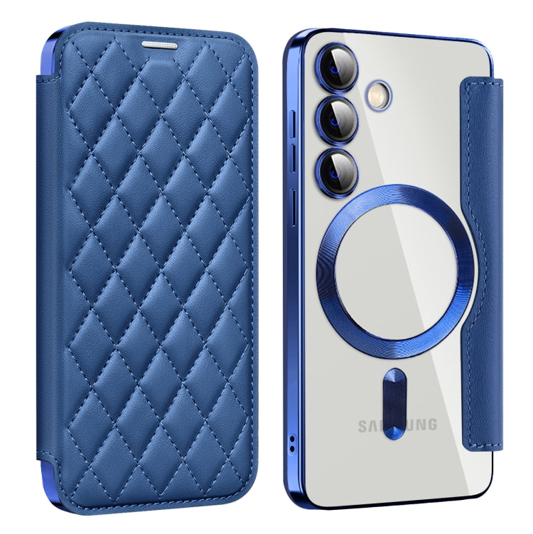 For Samsung Galaxy S25 5G Shield MagSafe RFID Anti-theft Rhombus Leather Phone Case(Dark Blue) by buy2fix