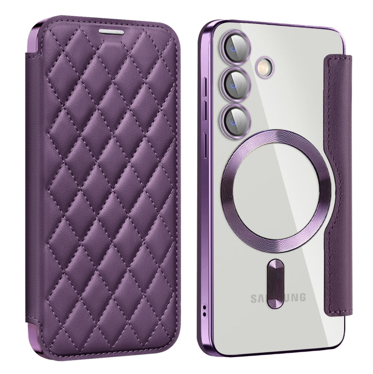 For Samsung Galaxy S25 5G Shield MagSafe RFID Anti-theft Rhombus Leather Phone Case(Purple) by buy2fix