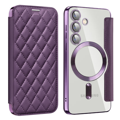 For Samsung Galaxy S25 5G Shield MagSafe RFID Anti-theft Rhombus Leather Phone Case(Purple) by buy2fix