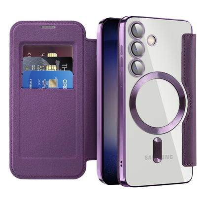 For Samsung Galaxy S25 5G Shield MagSafe RFID Anti-theft Rhombus Leather Phone Case(Purple) by buy2fix