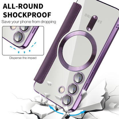 For Samsung Galaxy S25 5G Shield MagSafe RFID Anti-theft Rhombus Leather Phone Case(Purple) by buy2fix
