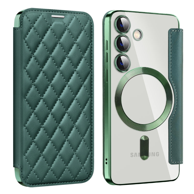 For Samsung Galaxy S25 5G Shield MagSafe RFID Anti-theft Rhombus Leather Phone Case(Green) by buy2fix
