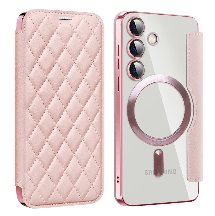 For Samsung Galaxy S25 5G Shield MagSafe RFID Anti-theft Rhombus Leather Phone Case(Pink) by buy2fix