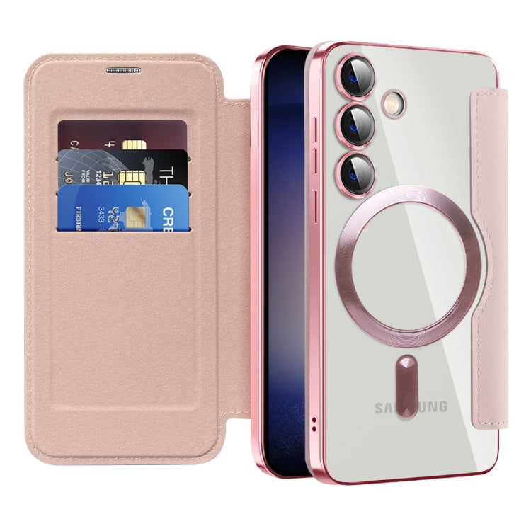 For Samsung Galaxy S25 5G Shield MagSafe RFID Anti-theft Rhombus Leather Phone Case(Pink) by buy2fix
