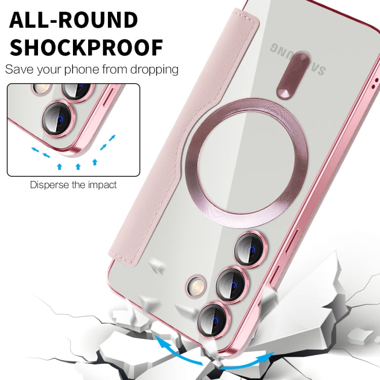 For Samsung Galaxy S25 5G Shield MagSafe RFID Anti-theft Rhombus Leather Phone Case(Pink) by buy2fix