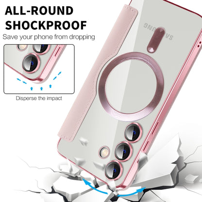 For Samsung Galaxy S25 5G Shield MagSafe RFID Anti-theft Rhombus Leather Phone Case(Pink) by buy2fix