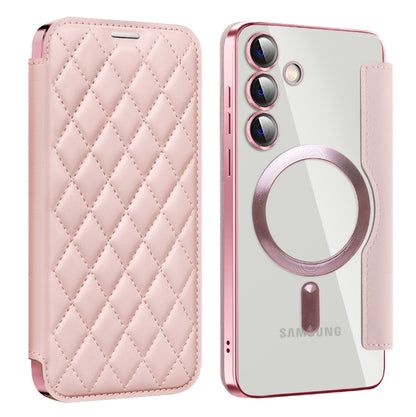 For Samsung Galaxy S25+ 5G Shield MagSafe RFID Anti-theft Rhombus Leather Phone Case(Pink) by buy2fix