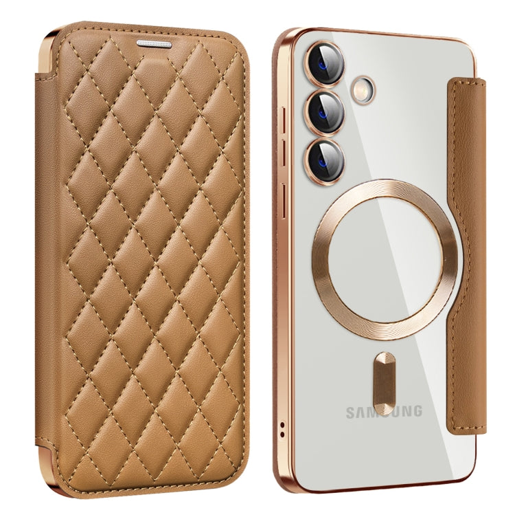 For Samsung Galaxy S25+ 5G Shield MagSafe RFID Anti-theft Rhombus Leather Phone Case(Brown) by buy2fix