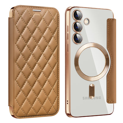 For Samsung Galaxy S25+ 5G Shield MagSafe RFID Anti-theft Rhombus Leather Phone Case(Brown) by buy2fix