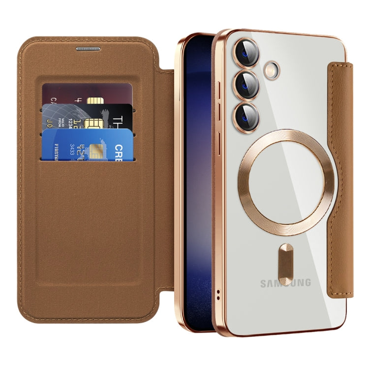 For Samsung Galaxy S25+ 5G Shield MagSafe RFID Anti-theft Rhombus Leather Phone Case(Brown) by buy2fix