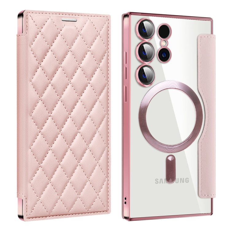 For Samsung Galaxy S25 Ultra 5G Shield MagSafe RFID Anti-theft Rhombus Leather Phone Case(Pink) by buy2fix