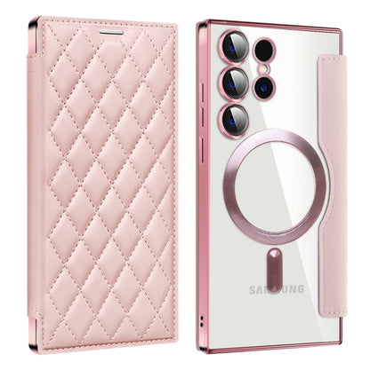 For Samsung Galaxy S25 Ultra 5G Shield MagSafe RFID Anti-theft Rhombus Leather Phone Case(Pink) by buy2fix