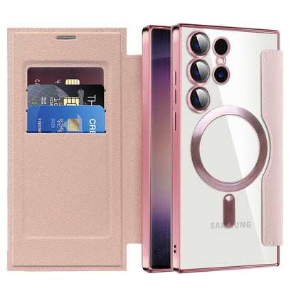 For Samsung Galaxy S25 Ultra 5G Shield MagSafe RFID Anti-theft Rhombus Leather Phone Case(Pink) by buy2fix