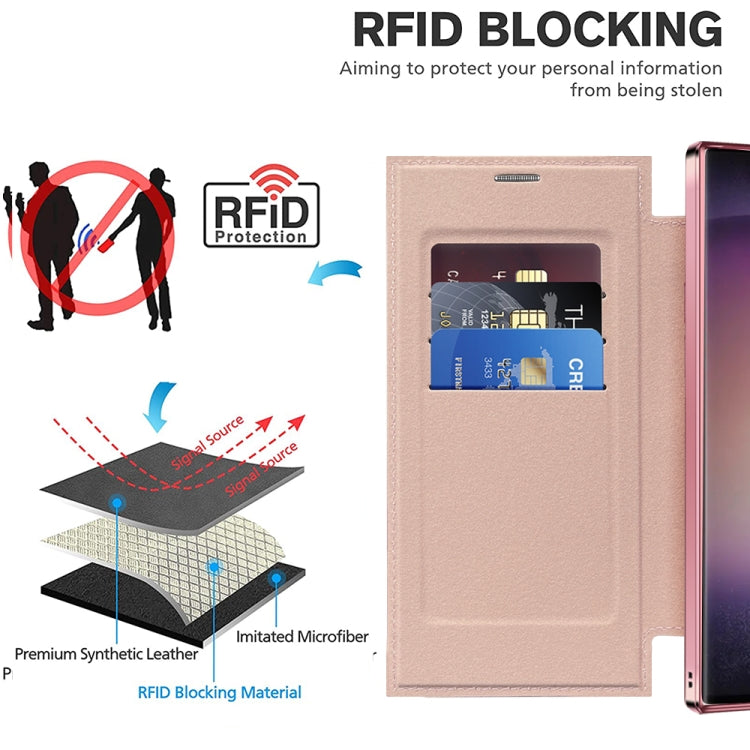 For Samsung Galaxy S25 Ultra 5G Shield MagSafe RFID Anti-theft Rhombus Leather Phone Case(Pink) by buy2fix