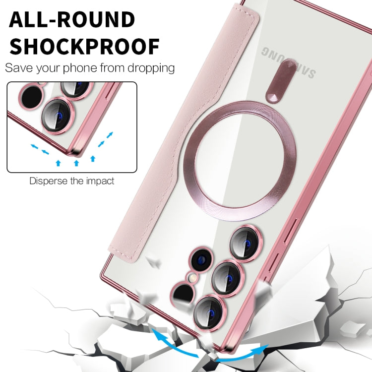 For Samsung Galaxy S25 Ultra 5G Shield MagSafe RFID Anti-theft Rhombus Leather Phone Case(Pink) by buy2fix