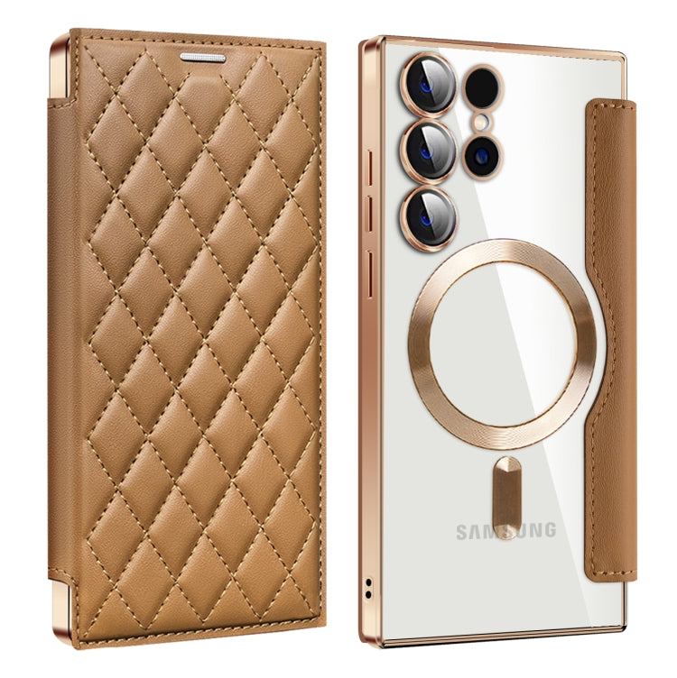 For Samsung Galaxy S25 Ultra 5G Shield MagSafe RFID Anti-theft Rhombus Leather Phone Case(Brown) by buy2fix