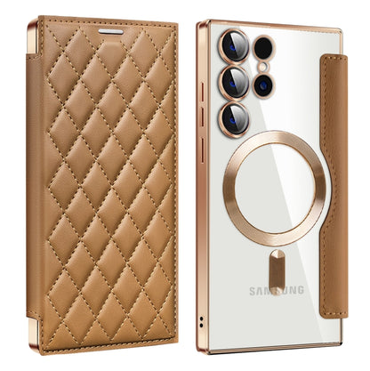 For Samsung Galaxy S25 Ultra 5G Shield MagSafe RFID Anti-theft Rhombus Leather Phone Case(Brown) by buy2fix