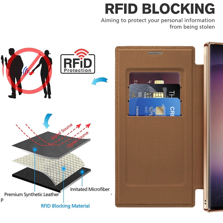 For Samsung Galaxy S25 Ultra 5G Shield MagSafe RFID Anti-theft Rhombus Leather Phone Case(Brown) by buy2fix
