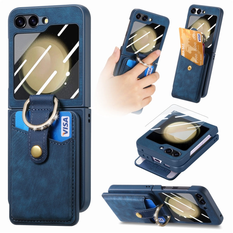 For Samsung Galaxy Z Flip5 5G Integrated Magnetic Card Wallet Diamond-encrusted Ring Phone Case(Blue) - Galaxy Z Flip5 Cases by buy2fix | Online Shopping UK | buy2fix
