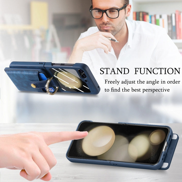 For Samsung Galaxy Z Flip5 5G Integrated Magnetic Card Wallet Diamond-encrusted Ring Phone Case(Blue) - Galaxy Z Flip5 Cases by buy2fix | Online Shopping UK | buy2fix