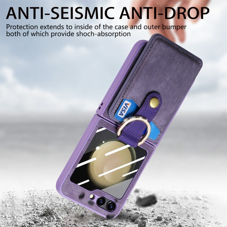For Samsung Galaxy Z Flip5 5G Integrated Magnetic Card Wallet Diamond-encrusted Ring Phone Case(Purple) - Galaxy Z Flip5 Cases by buy2fix | Online Shopping UK | buy2fix