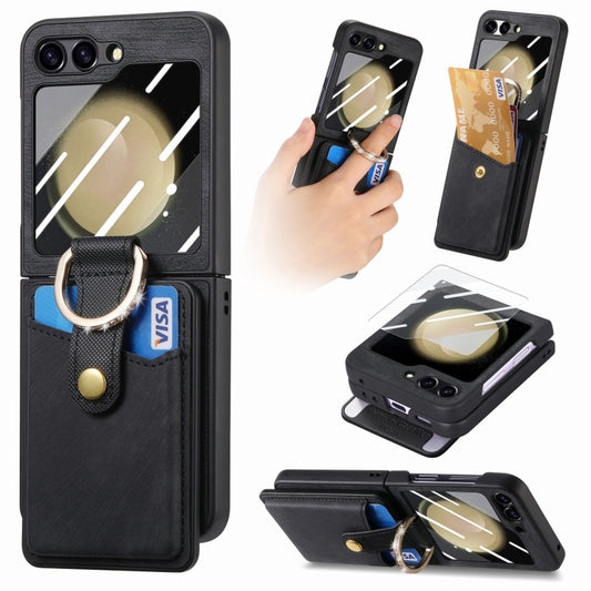 For Samsung Galaxy Z Flip5 5G Integrated Magnetic Card Wallet Diamond-encrusted Ring Phone Case(Black) - Galaxy Z Flip5 Cases by buy2fix | Online Shopping UK | buy2fix
