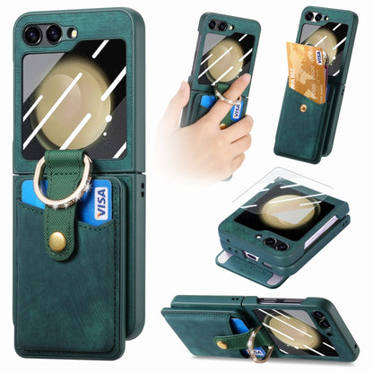 For Samsung Galaxy Z Flip5 5G Integrated Magnetic Card Wallet Diamond-encrusted Ring Phone Case(Green) - Galaxy Z Flip5 Cases by buy2fix | Online Shopping UK | buy2fix