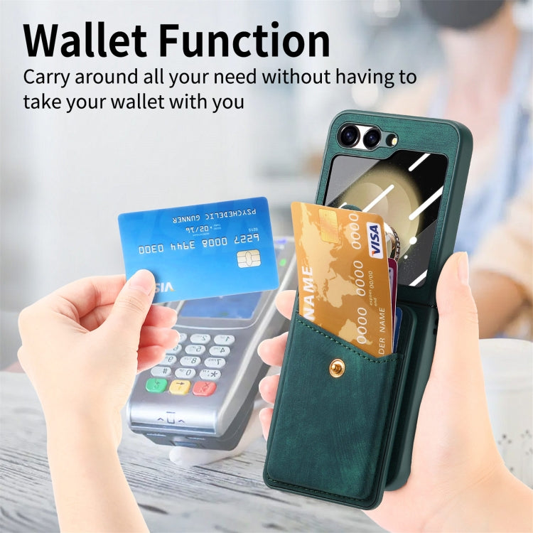 For Samsung Galaxy Z Flip5 5G Integrated Magnetic Card Wallet Diamond-encrusted Ring Phone Case(Green) - Galaxy Z Flip5 Cases by buy2fix | Online Shopping UK | buy2fix