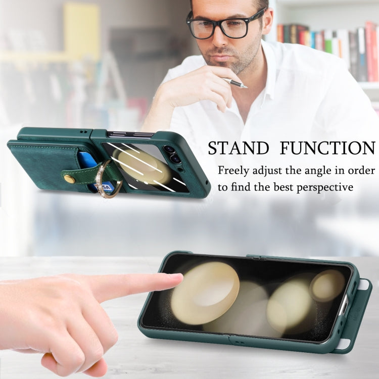 For Samsung Galaxy Z Flip5 5G Integrated Magnetic Card Wallet Diamond-encrusted Ring Phone Case(Green) - Galaxy Z Flip5 Cases by buy2fix | Online Shopping UK | buy2fix