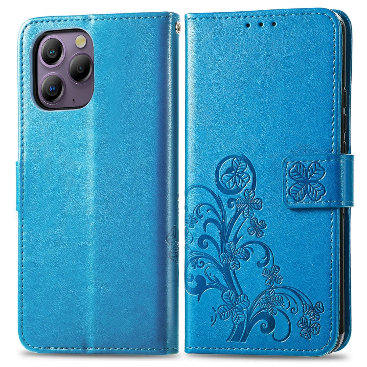 For Blackview A96 Four-leaf Clasp Embossed Buckle Leather Phone Case(Blue) - More Brand by buy2fix | Online Shopping UK | buy2fix