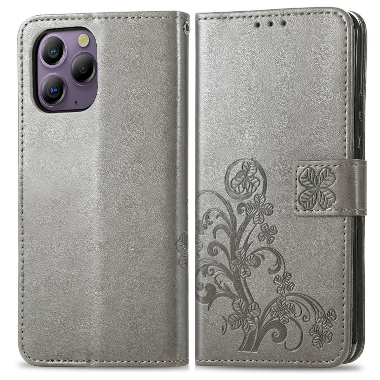 For Blackview A96 Four-leaf Clasp Embossed Buckle Leather Phone Case(Gray) - More Brand by buy2fix | Online Shopping UK | buy2fix