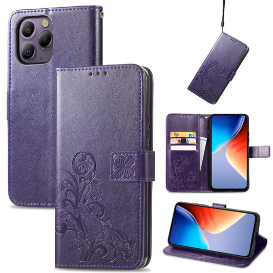 For Blackview A96 Four-leaf Clasp Embossed Buckle Leather Phone Case(Purple) - More Brand by buy2fix | Online Shopping UK | buy2fix