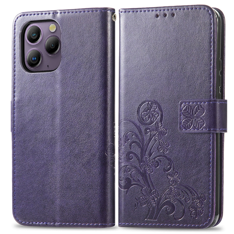 For Blackview A96 Four-leaf Clasp Embossed Buckle Leather Phone Case(Purple) - More Brand by buy2fix | Online Shopping UK | buy2fix