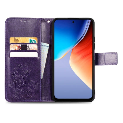 For Blackview A96 Four-leaf Clasp Embossed Buckle Leather Phone Case(Purple) - More Brand by buy2fix | Online Shopping UK | buy2fix