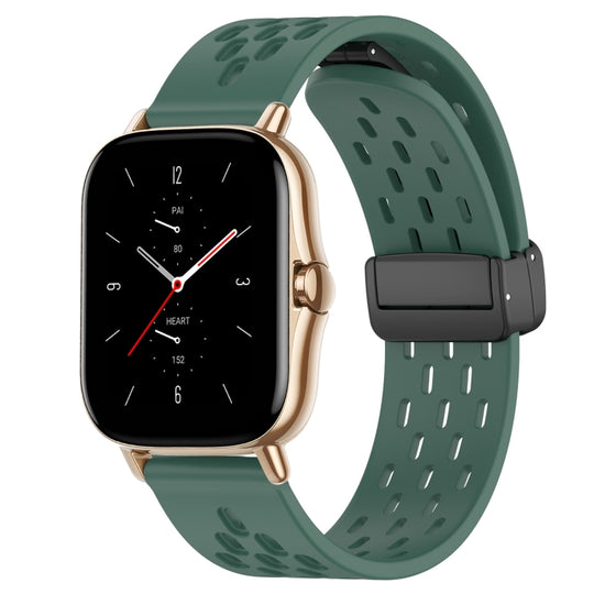 For Amazfit GTS 2 20mm Folding Magnetic Clasp Silicone Watch Band(Dark Green)