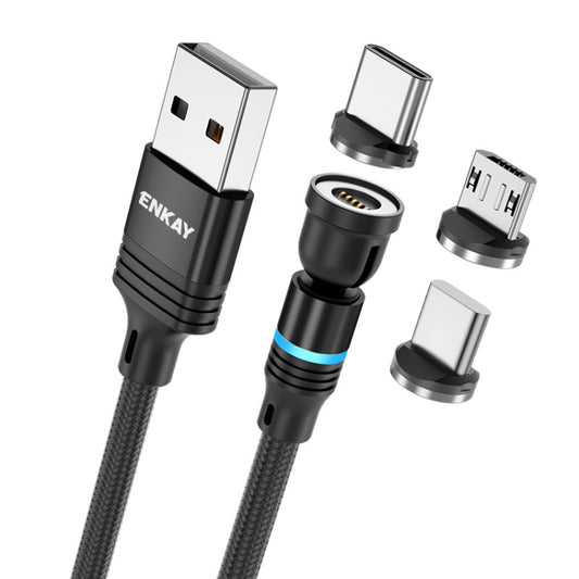 ENKAY 3 in 1 3A USB to Type-C / 8 Pin / Micro USB Magnetic 540 Degrees Rotating Fast Charging Cable, Length:1m(Black) - Charging Cable & Head by ENKAY | Online Shopping UK | buy2fix