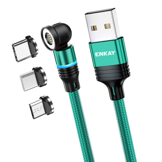 ENKAY 3 in 1 3A USB to Type-C / 8 Pin / Micro USB Magnetic 540 Degrees Rotating Fast Charging Cable, Length:2m(Green) - Charging Cable & Head by ENKAY | Online Shopping UK | buy2fix