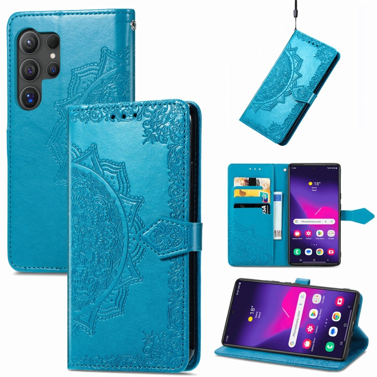 For Samsung Galaxy S25 Ultra 5G Mandala Flower Embossed Leather Phone Case(Blue) - Galaxy S25 Ultra 5G Cases by buy2fix | Online Shopping UK | buy2fix