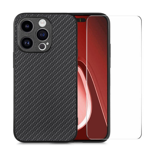 For iPhone 15 Pro ENKAY Fiber Leather Skin PC Phone Case with High Aluminum-silicon Glass Film(Black)