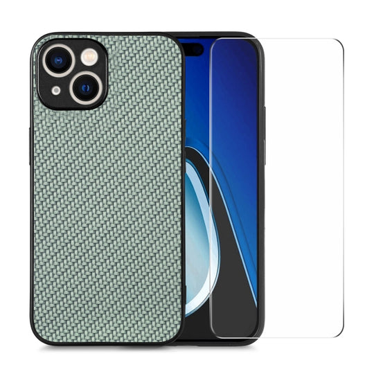 For iPhone 15 Plus ENKAY Fiber Leather Skin PC Phone Case with High Aluminum-silicon Glass Film(Green)