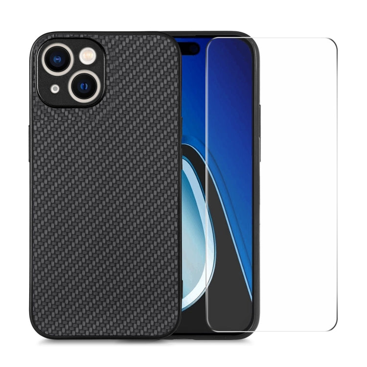 For iPhone 14 Plus ENKAY Fiber Leather Skin PC Phone Case with High Aluminum-silicon Glass Film(Black) - iPhone 14 Plus Cases by ENKAY | Online Shopping UK | buy2fix