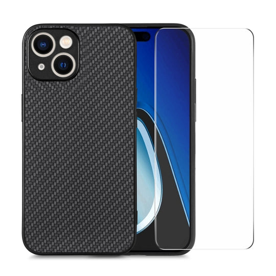 For iPhone 14 Plus ENKAY Fiber Leather Skin PC Phone Case with High Aluminum-silicon Glass Film(Black)