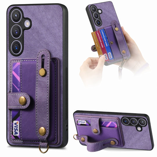 For Samsung Galaxy S24 5G Retro Cross Wristband Wallet Leather Back Phone Case(Purple)