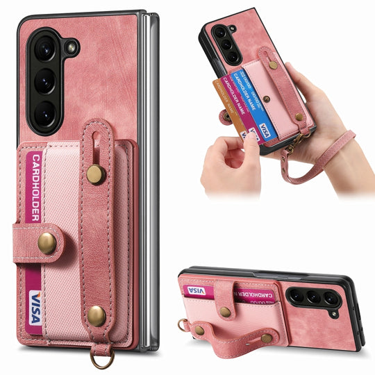 For Samsung Galaxy Z Fold6 5G Retro Cross Wristband Wallet Leather Back Phone Case(Pink)